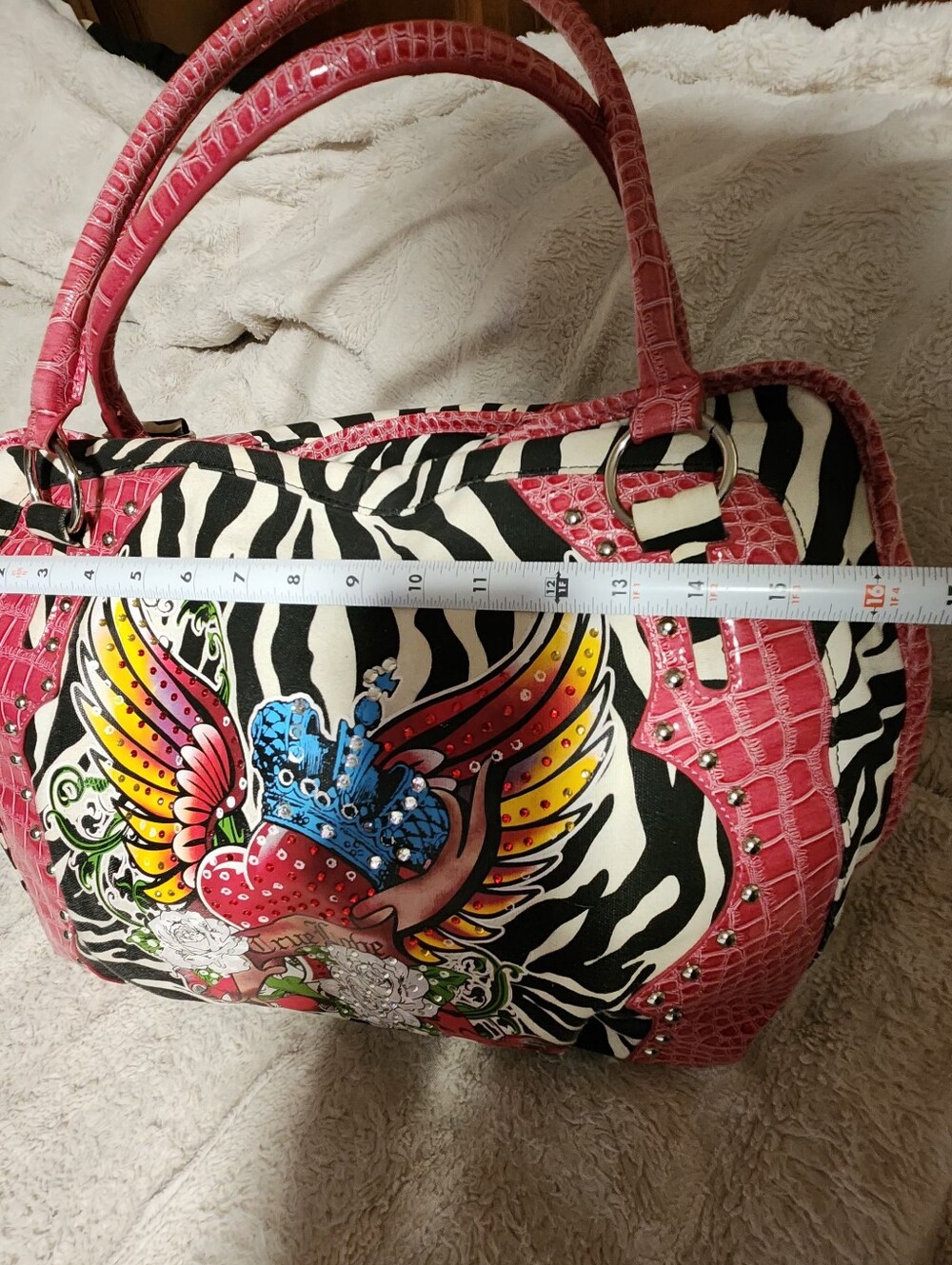 Y2K Zebra Print Satchel Bag Tattoo Heart Crown Pink Croc Trim Rhinestone Studded - Picture 7 of 12